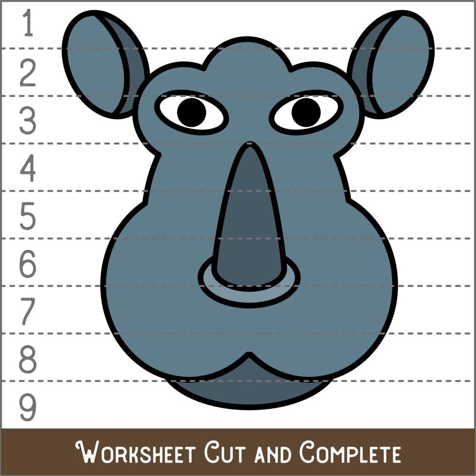 Worksheet. Game for kids, children. Math Puzzles. Cut and complete. Learning mathematics. Rhino Face. vector