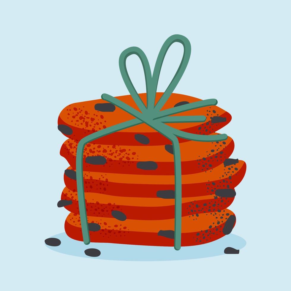 Tasty chocolate chip cookies, gift stack for ribbon. Design elements for print, card, poster, banner, fabric. Vector flat illustration.