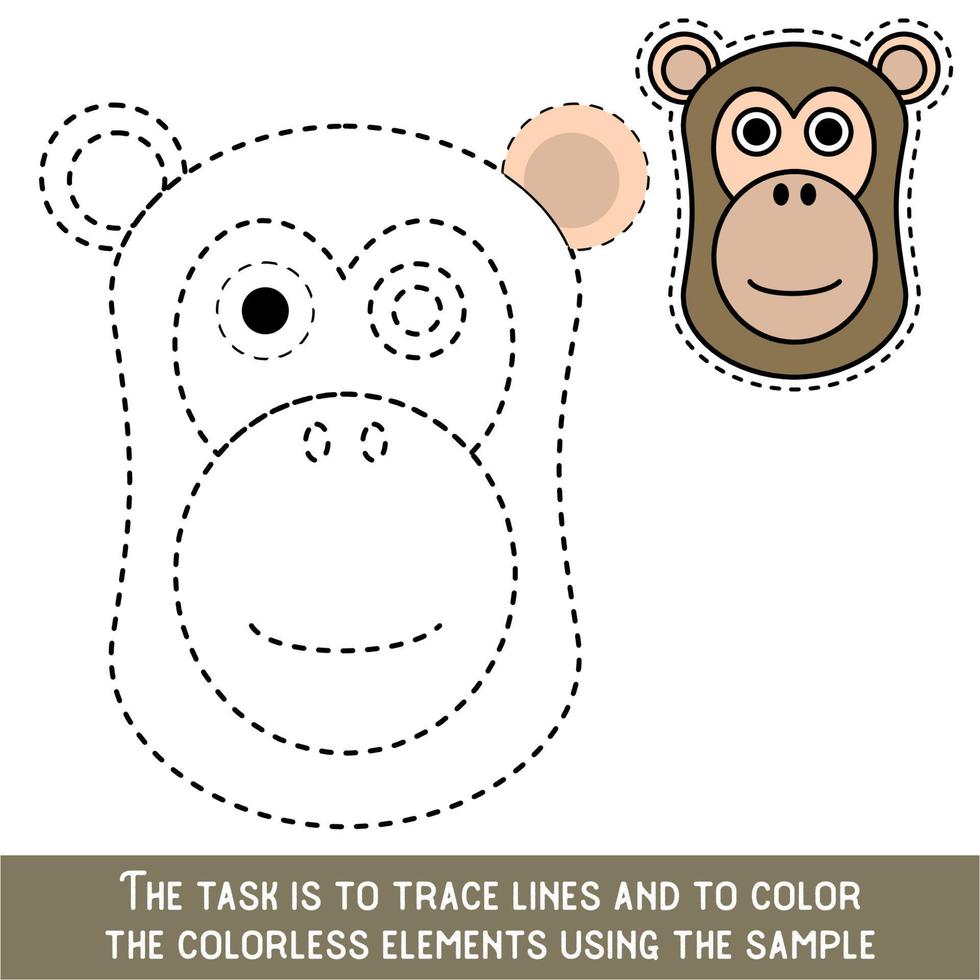 Color Baboon Face. Restore dashed lines. Color the picture elements. Page to be color fragments. vector