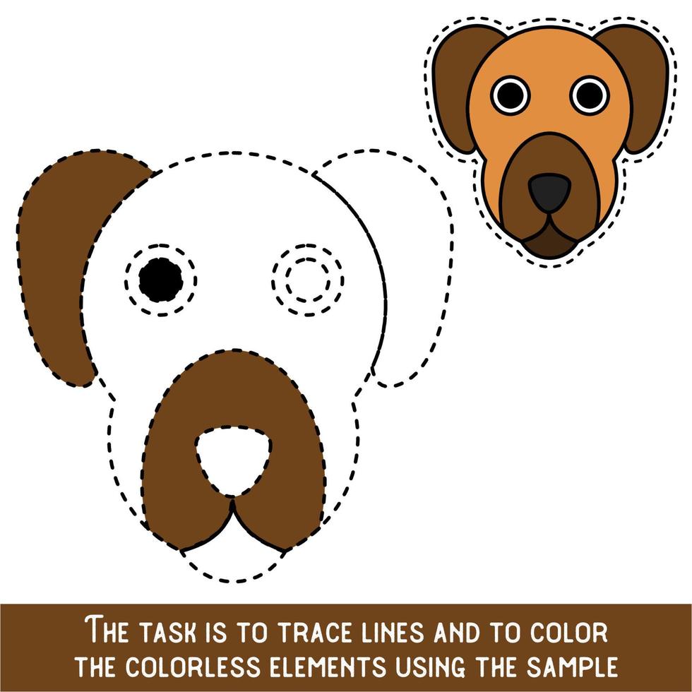 Color Dog Face. Restore dashed lines. Color the picture elements. Page to be color fragments. vector