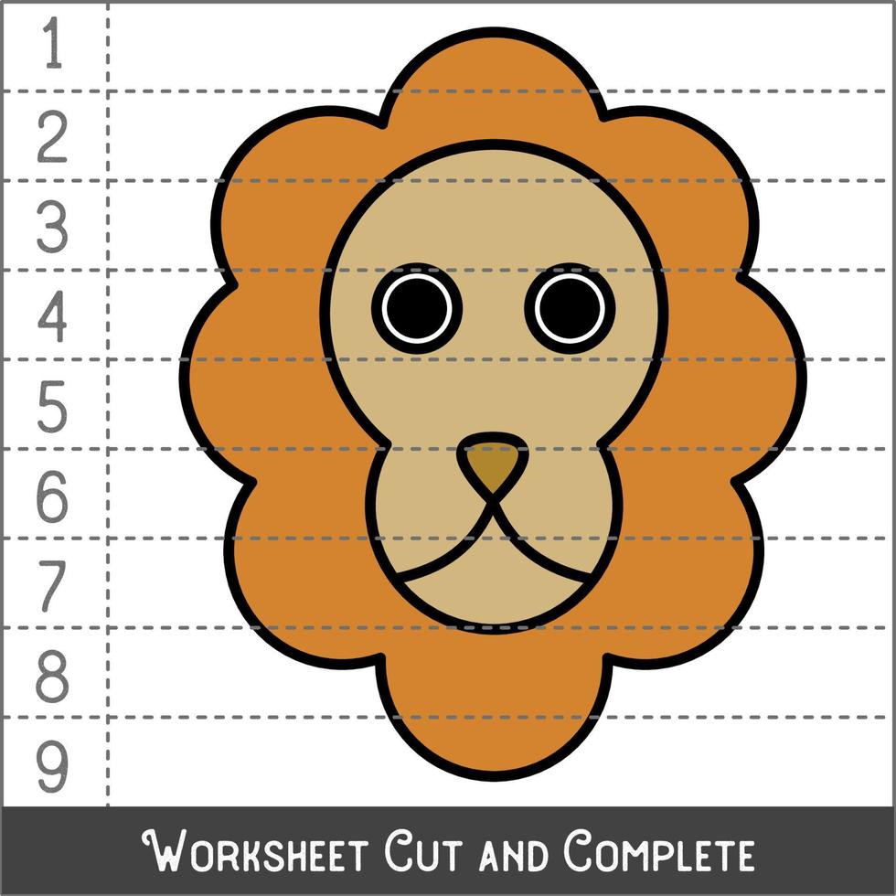 Worksheet. Game for kids, children. Math Puzzles. Cut and complete. Learning mathematics. Lion Face. vector