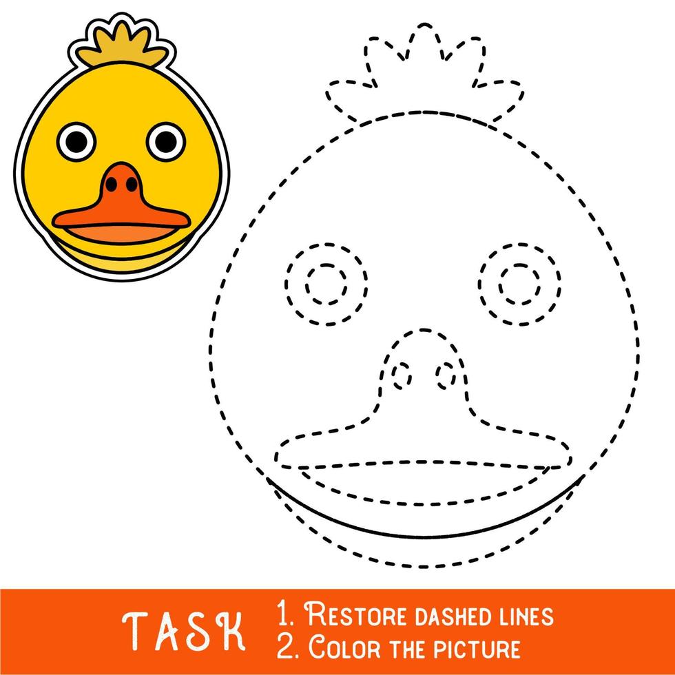 Drawing worksheet for preschool kids with easy gaming level of difficulty, simple educational game for kids one line tracing of Duckling Face. vector
