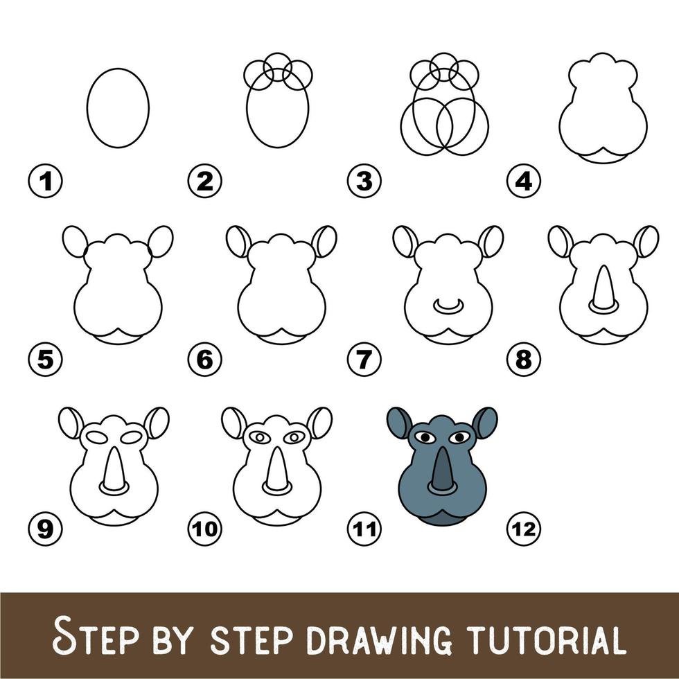 Kid game to develop drawing skill with easy gaming level for preschool kids, drawing educational tutorial for Rhino Face. vector