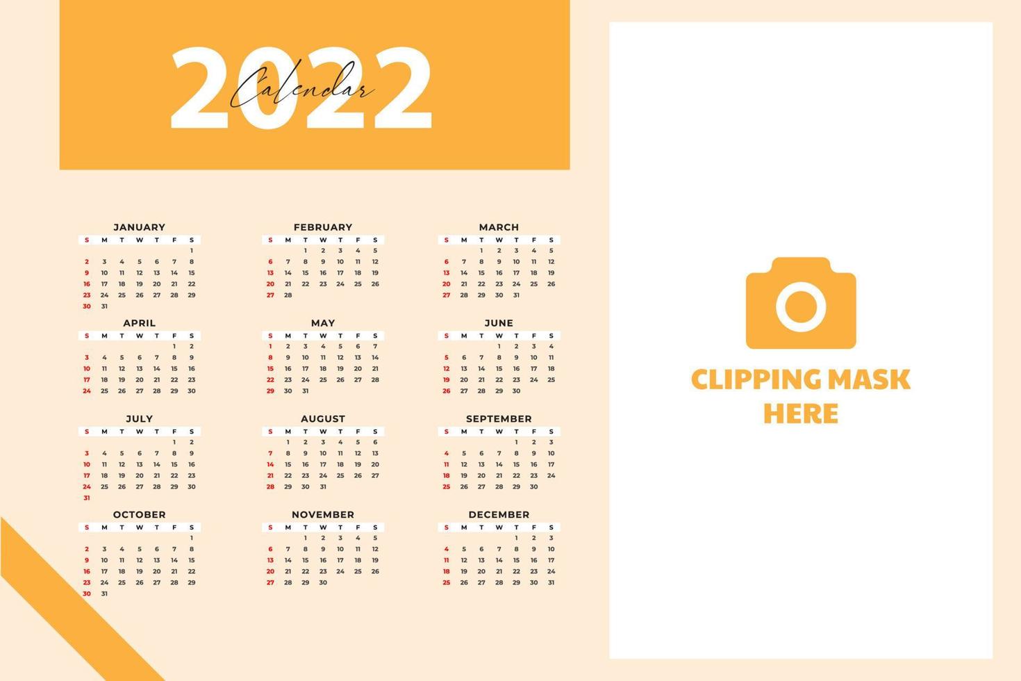 plantilla de calendario mensual para el año 2022. la semana comienza el domingo. Calendario de pared de estilo minimalista. vector