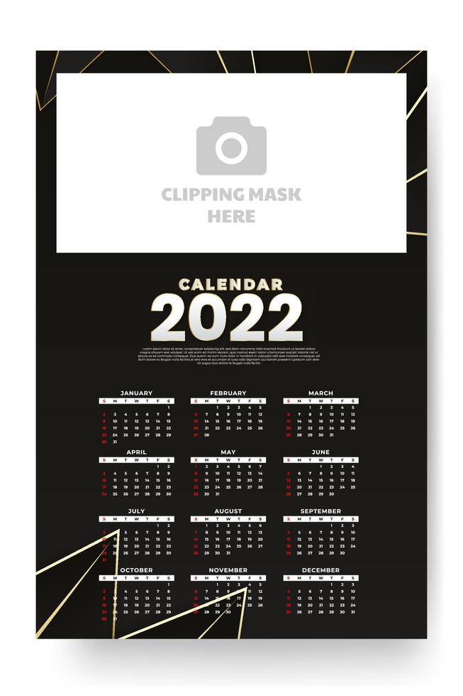 Monthly calendar template for 2022 year. Week Starts on Sunday. Wall calendar in a minimalist style. vector