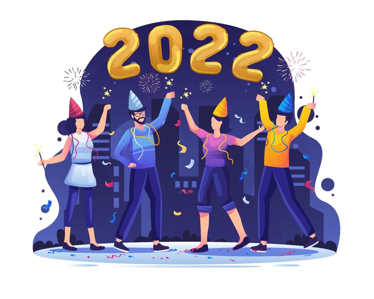 la gente feliz celebra el año nuevo 2022. hombres y mujeres jóvenes haciendo una divertida fiesta con números de globos y fuegos artificiales. ilustración vectorial plana vector