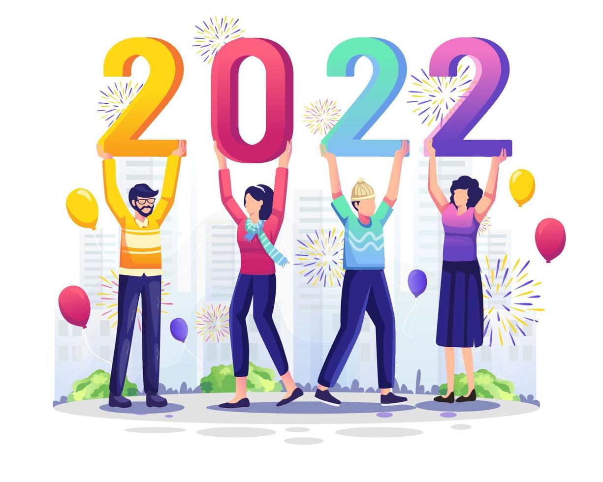 Group of Young people raise each number 2022 to Celebrate the New Year. Flat Vector Illustration