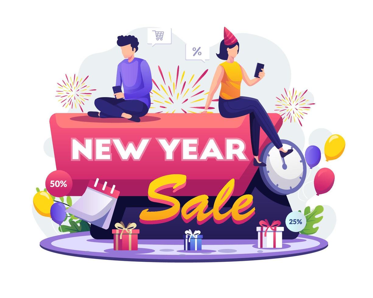 New Year Shopping and Sale concept design. A man and a woman sitting at the sale sign do shopping online through their smartphones. Flat vector illustration