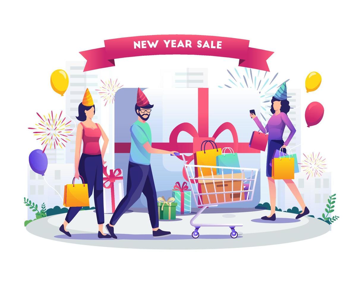 People doing shopping in order to celebrate the new year. New Year Shopping, Sale, and discount concept design. Flat vector illustration