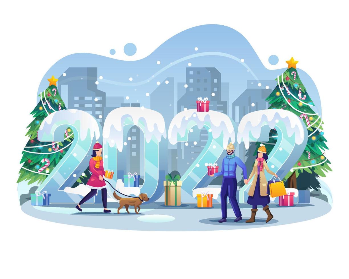 la gente celebra el año nuevo con un paseo en invierno con su pareja y mascotas. personas con números gigantes 2022, árboles de navidad y cajas de regalo. ilustración vectorial plana vector