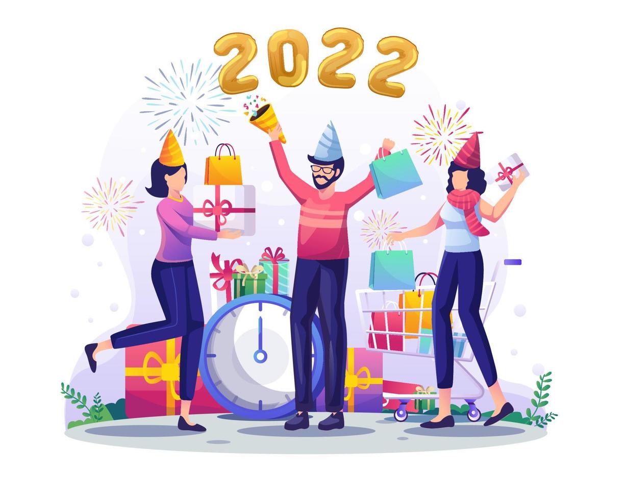 People hold gifts and enjoy shopping to celebrate New year 2022. New Year Shopping and Sale concept design. Flat vector illustration