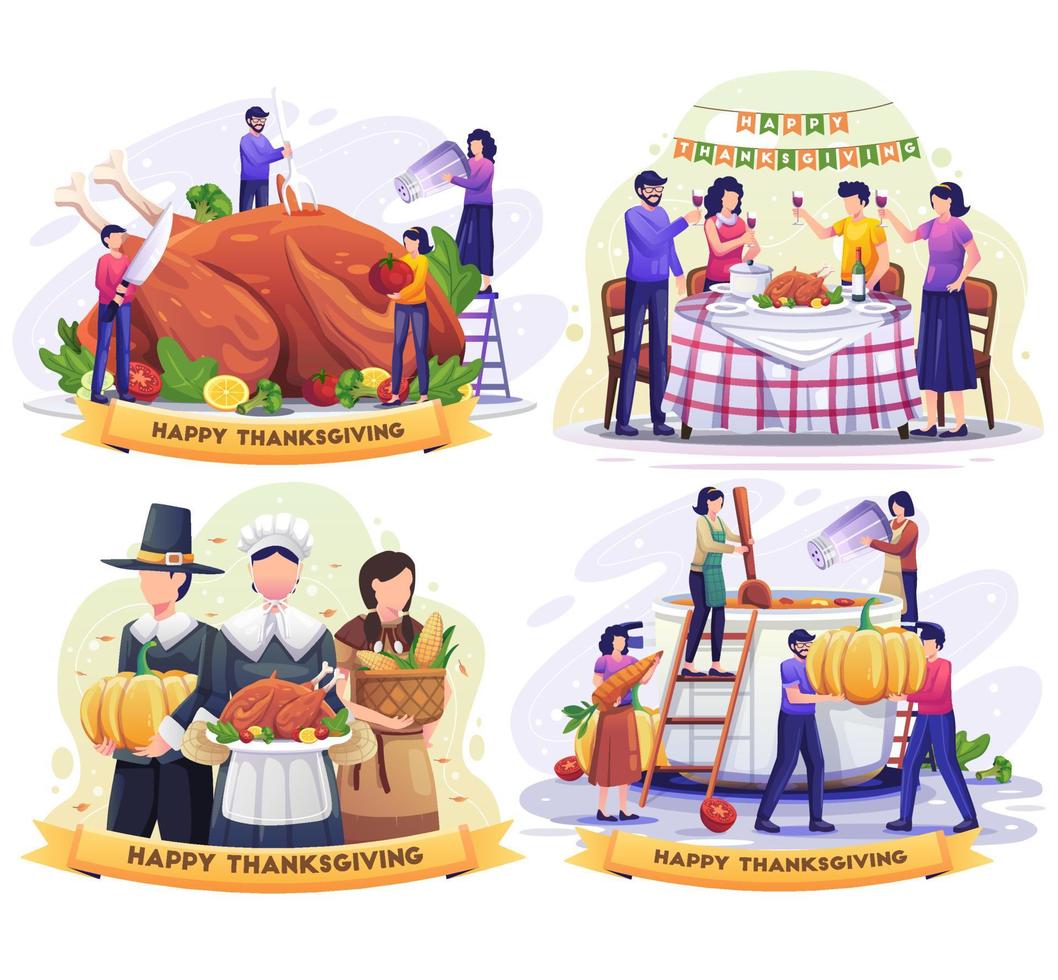 conjunto del día de acción de gracias con gente cocinando sopa y hombres preparando calabaza, disfrutando de un enorme pavo que celebra el día de acción de gracias. ilustración vectorial plana vector