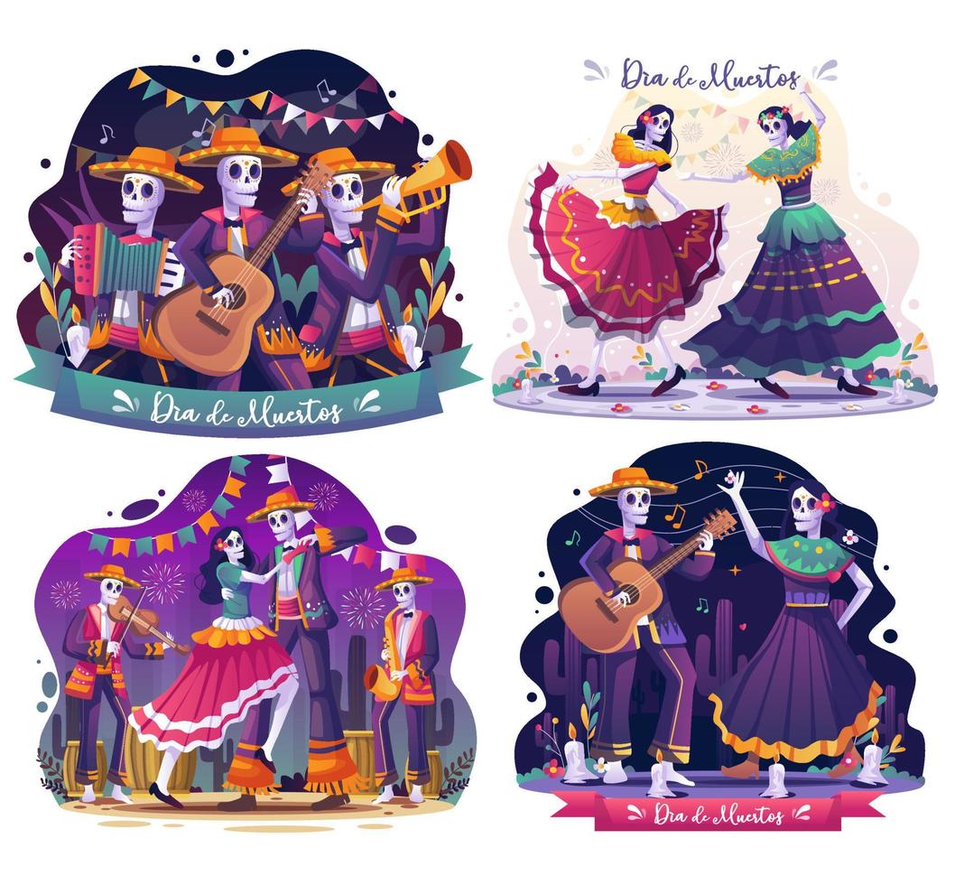 Set bundle of Dia De Muertos with Couple of skulls dancing together to music and skeletons musicians celebrates of Dia De Los Muertos. Flat vector illustration