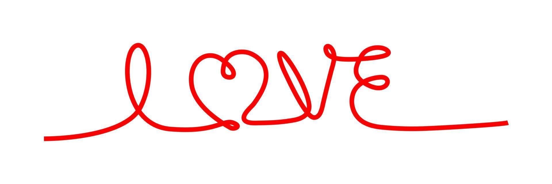 LOVE. Continuous line script cursive text love. Lettering vector illustration for poster, card, banner valentine day, wedding. Hand drawn word - love with doodle heart. Print for tee, t-shirt.