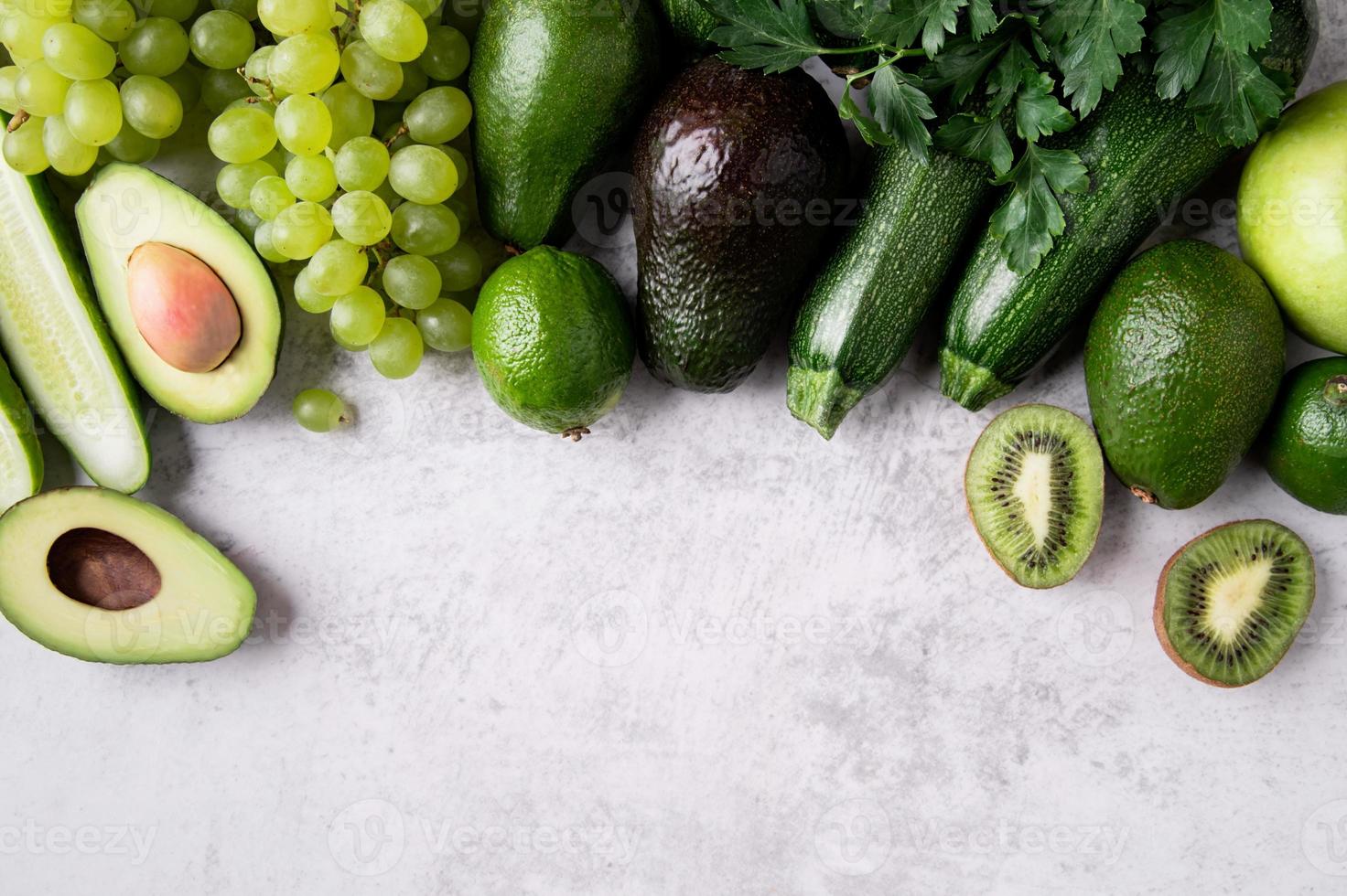 Fresh green vegetables top view with copy space photo