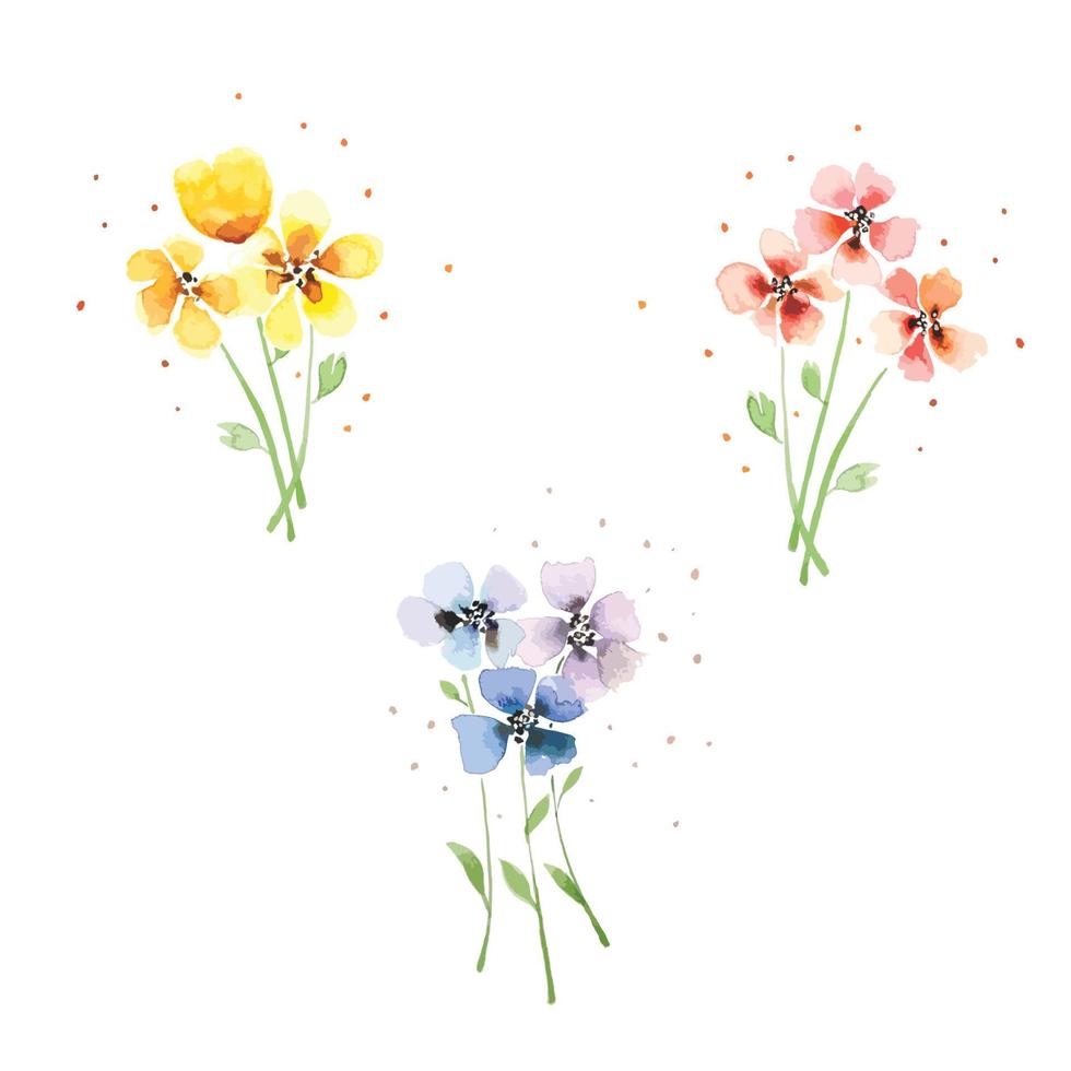 Yellow, Red, Blue Flowers watercolor vector