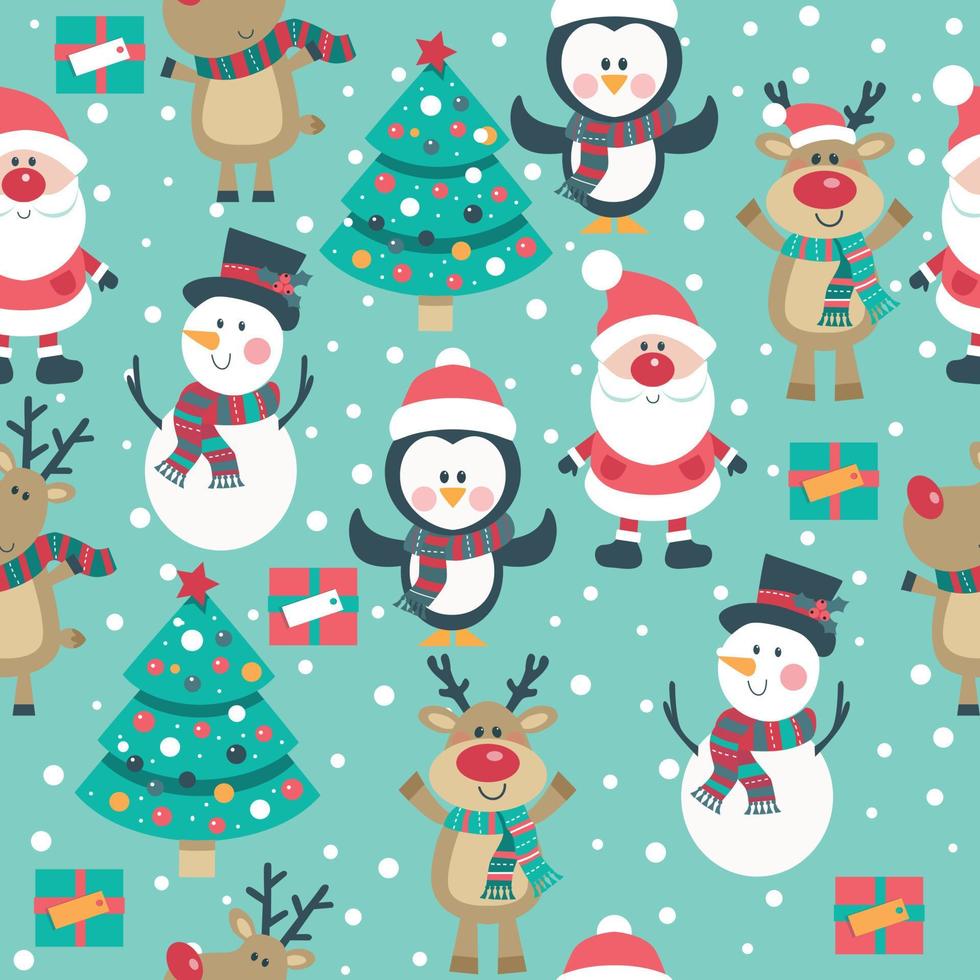 Christmas seamless pattern with penguins deers trees on blue background vector