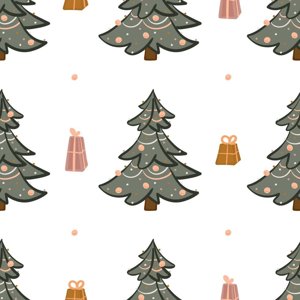 Seamless Christmas tree pattern with balls, garlands and boxes of gifts. Hand drawn vector background