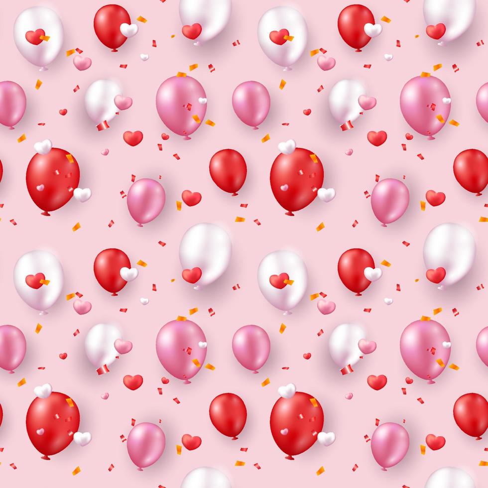 Día de San Valentín de patrones sin fisuras con globos y corazones rojos y  rosados realistas.