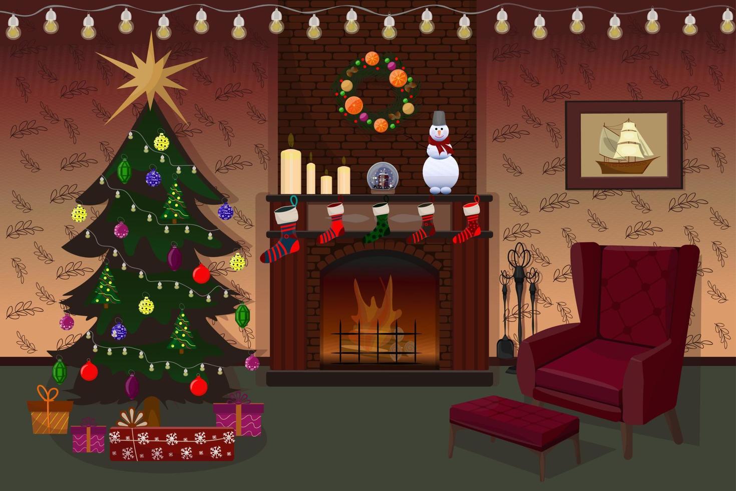 Christmas room interior. Christmas tree, gift and decorations. Living room with fireplace and armchair, decorated for Christmas. vector