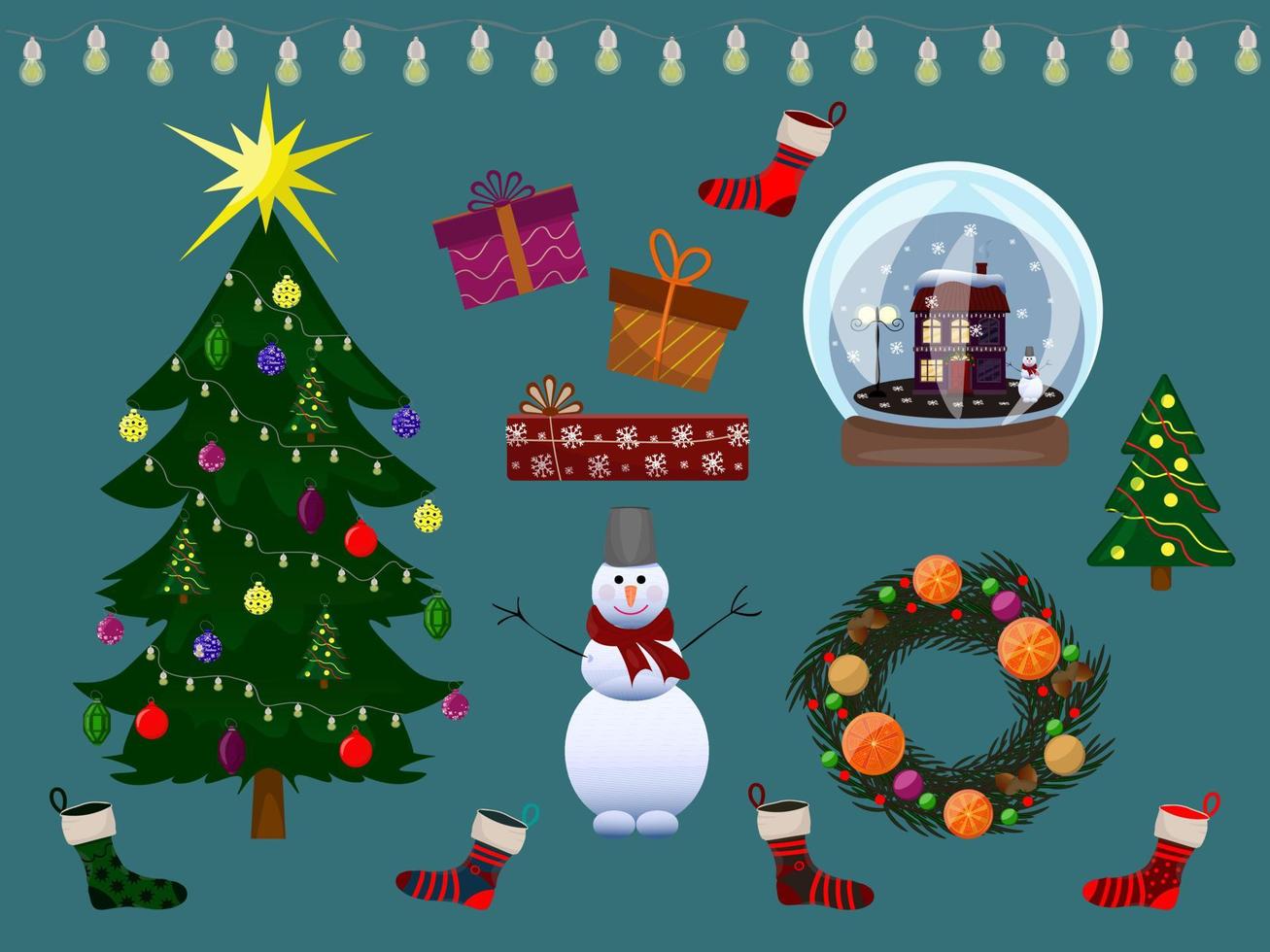 Christmas decor set. tree, snowman, lanterns, socks, snow globe, wreath and gifts. Vector illustration