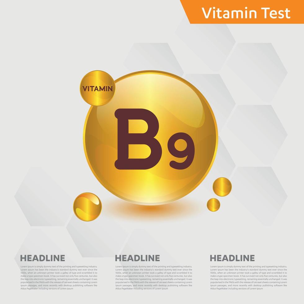 conjunto de colección de gotas de icono de vitamina b9, colecalciferol. gota de oro gota del complejo vitamínico. médico para la ilustración de vector de salud