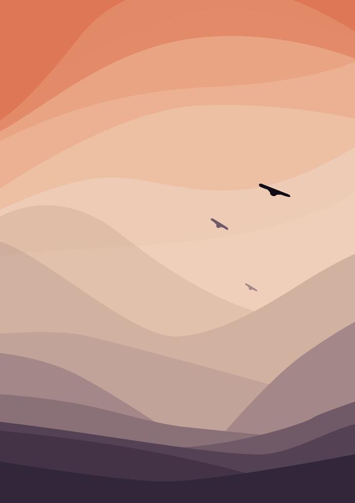 Abstract landscape. Modern art of mountains, orange sky, birds. Vector illustration for wall art, poster, print. Minimal design.