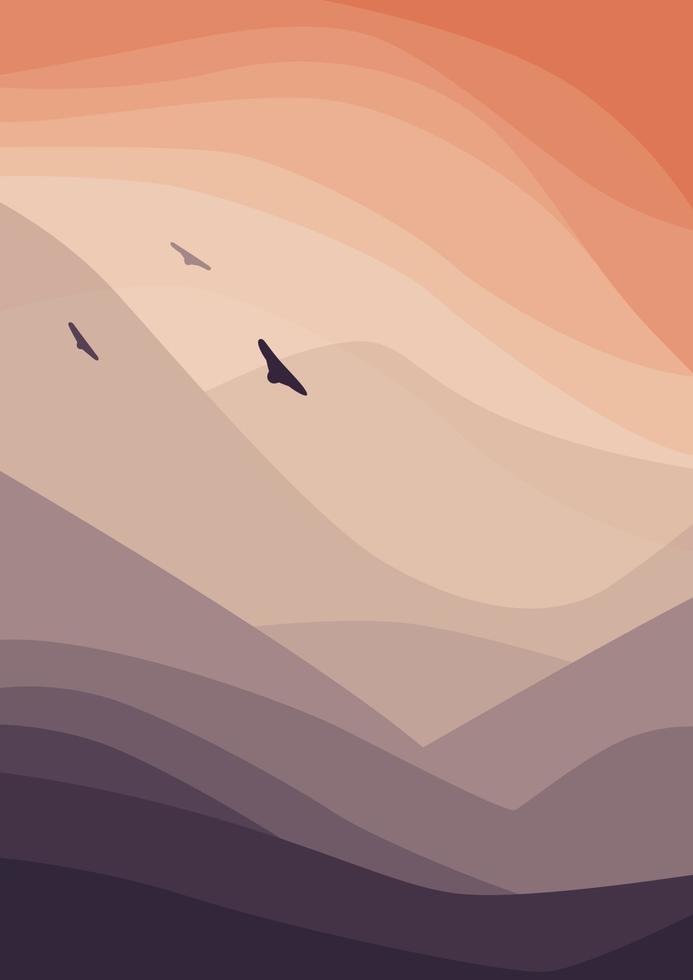 Abstract landscape. Modern art of mountains, orange sky, birds. Vector illustration for wall art, poster, print. Minimal design.