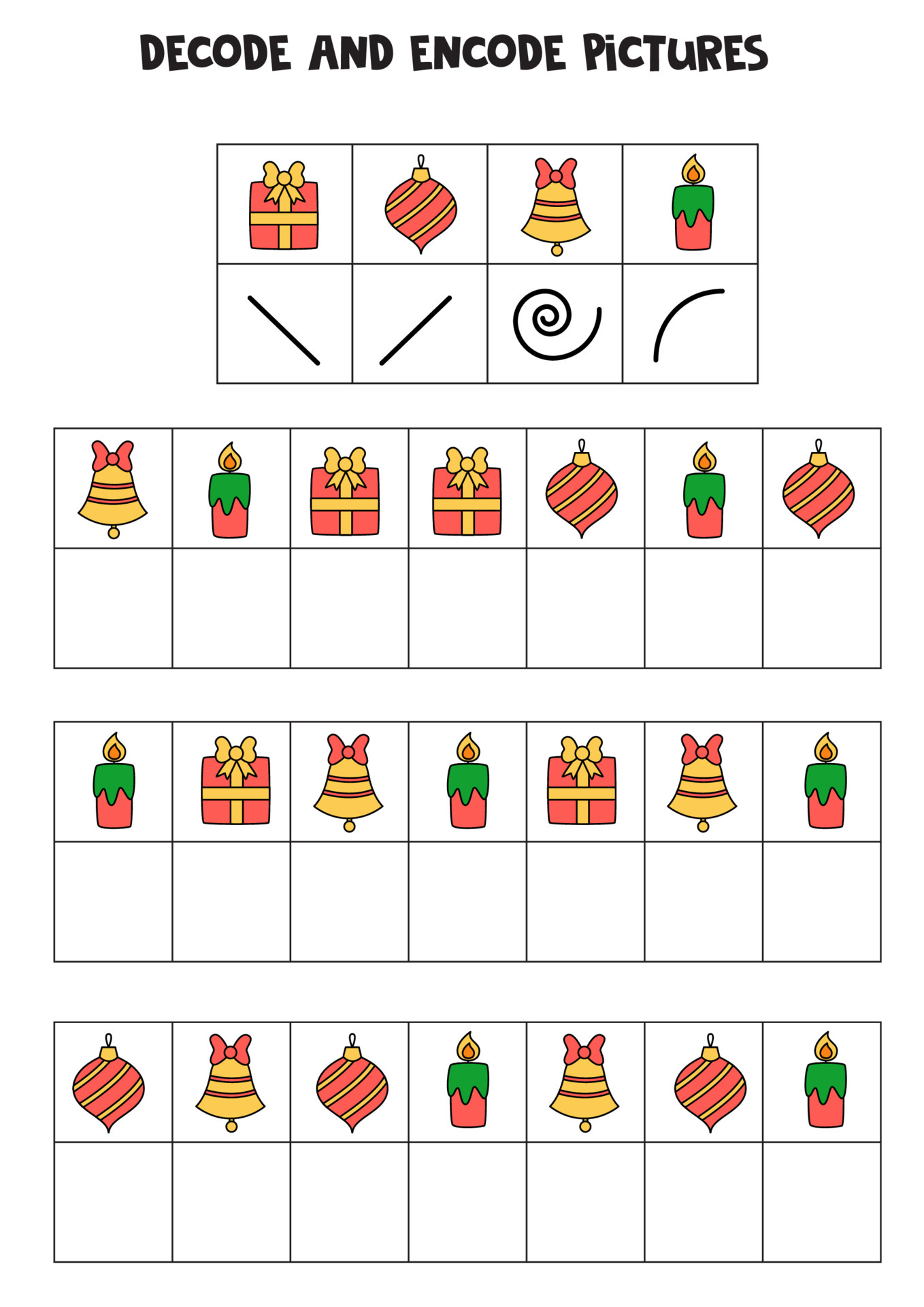 Decode and encode pictures. Write the symbols under Christmas pictures. 4255873 Vector Art at 