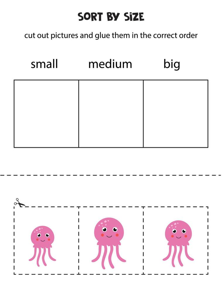 Sort pictures by size. Educational worksheet for kids. vector