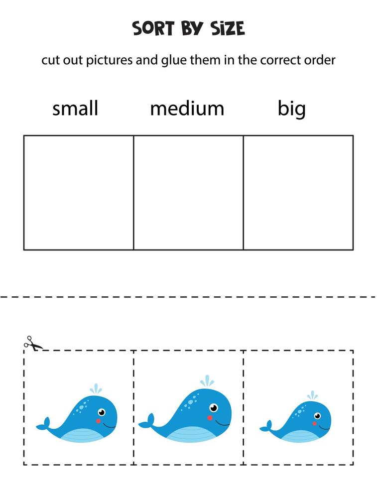 Sort pictures by size. Educational worksheet for kids. vector