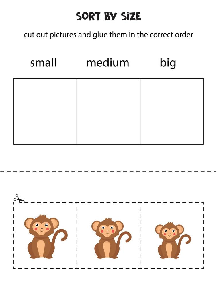 Sort pictures by size. Educational worksheet for kids. vector