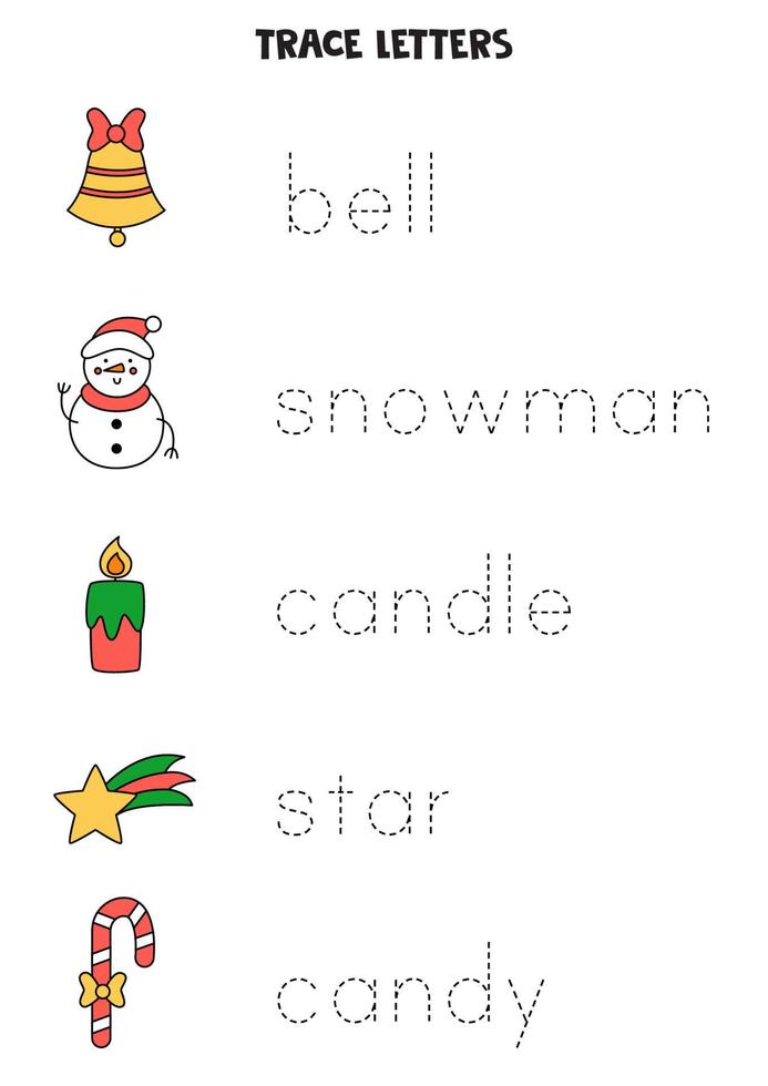 Tracing letters. Trace names of Christmas pictures. Writing practice. vector