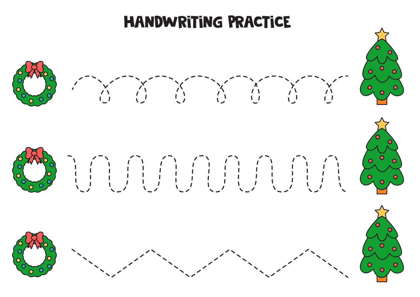 Tracing lines with Christmas trees and wreaths. Writing practice. vector