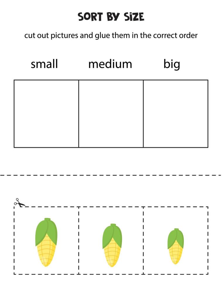 Sort pictures by size. Educational worksheet for kids. vector