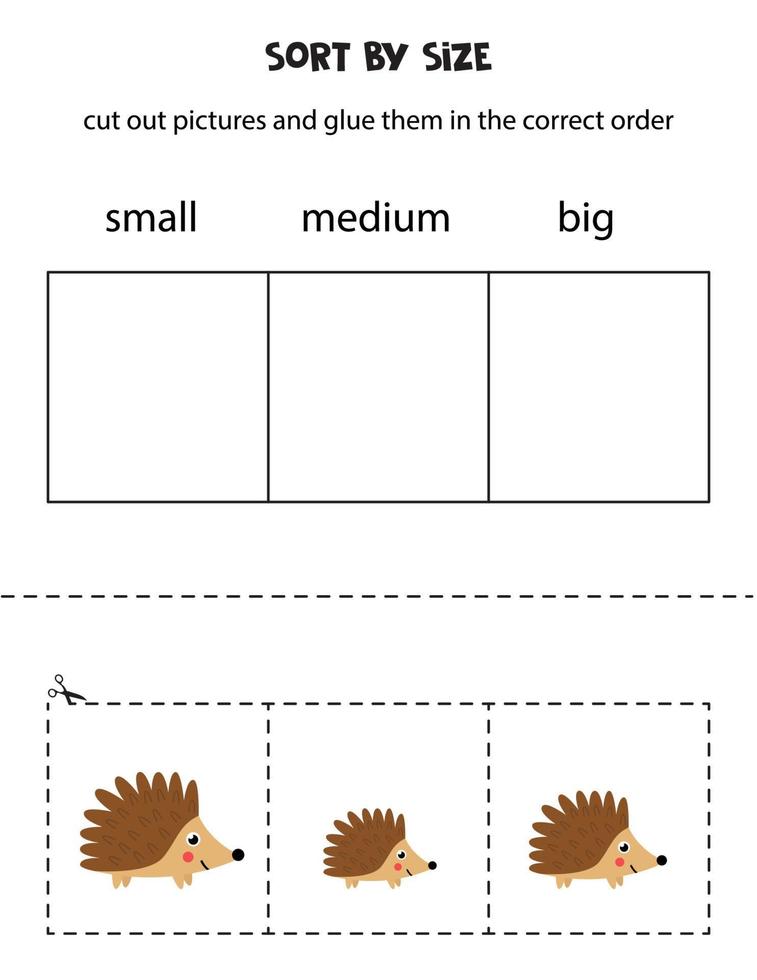 ordenar las imágenes por tamaño. hoja de trabajo educativa para niños. vector