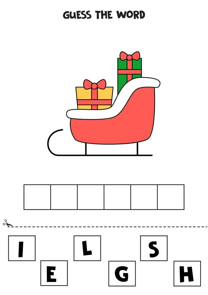 Spelling game for kids. Cartoon Christmas sleigh. vector