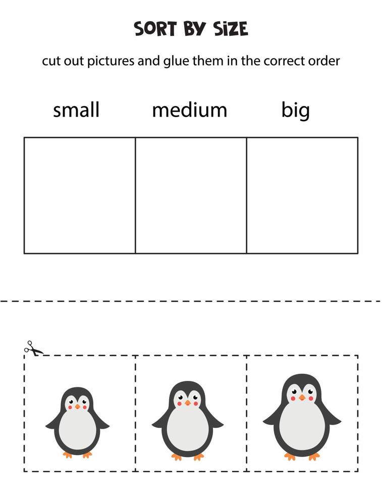 Sort pictures by size. Educational worksheet for kids. vector