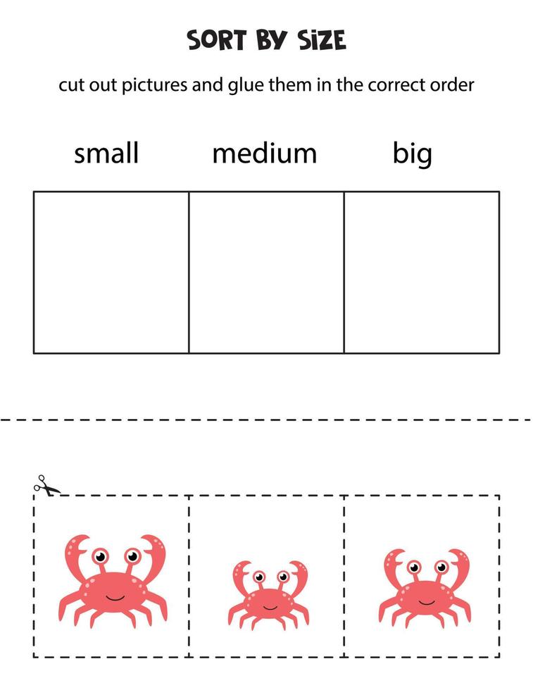 Sort pictures by size. Educational worksheet for kids. vector