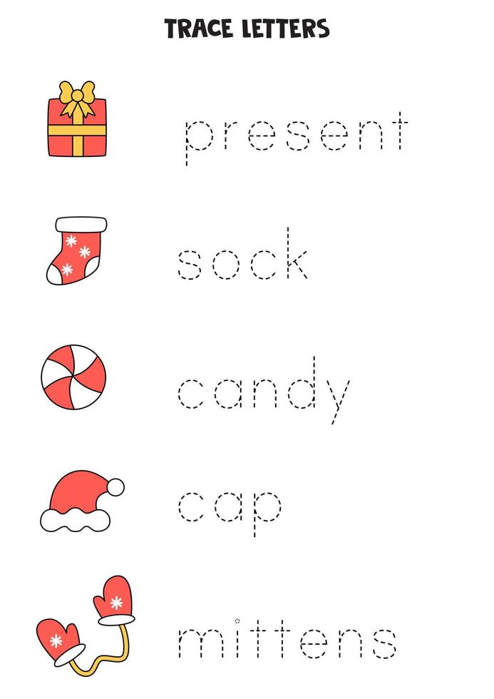 Tracing letters. Trace names of Christmas pictures. Writing practice. vector