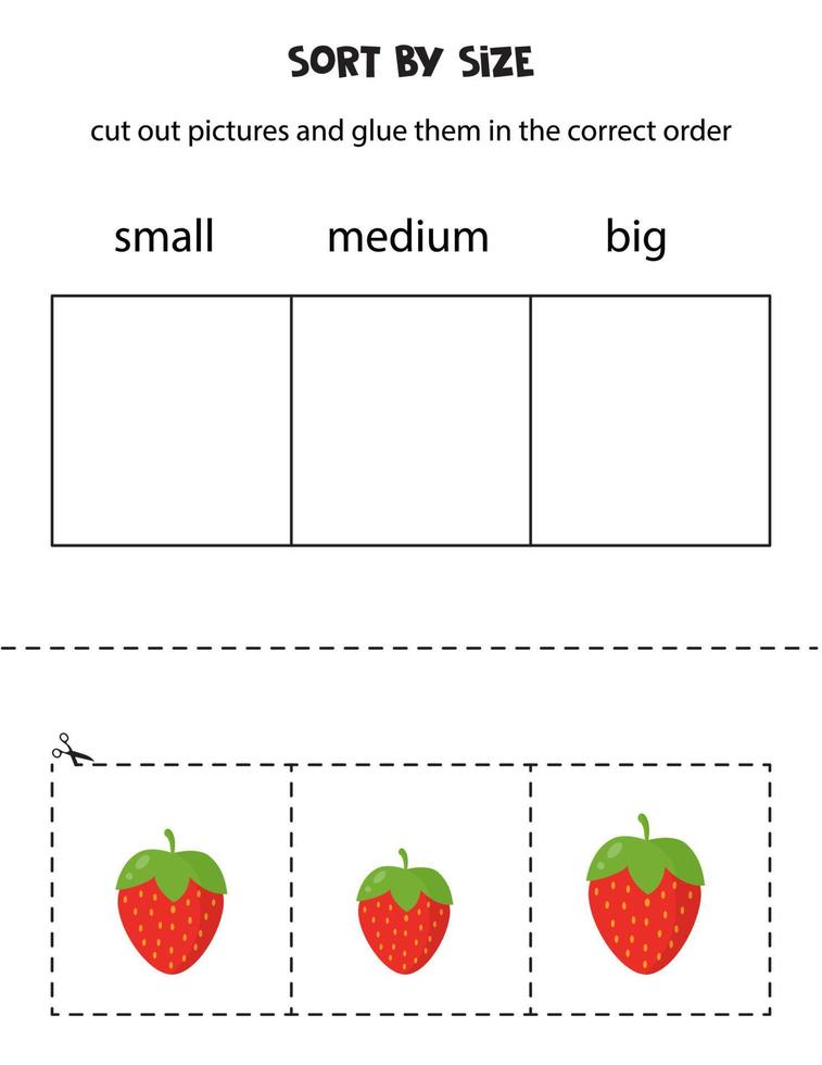 Sort pictures by size. Educational worksheet for kids. vector