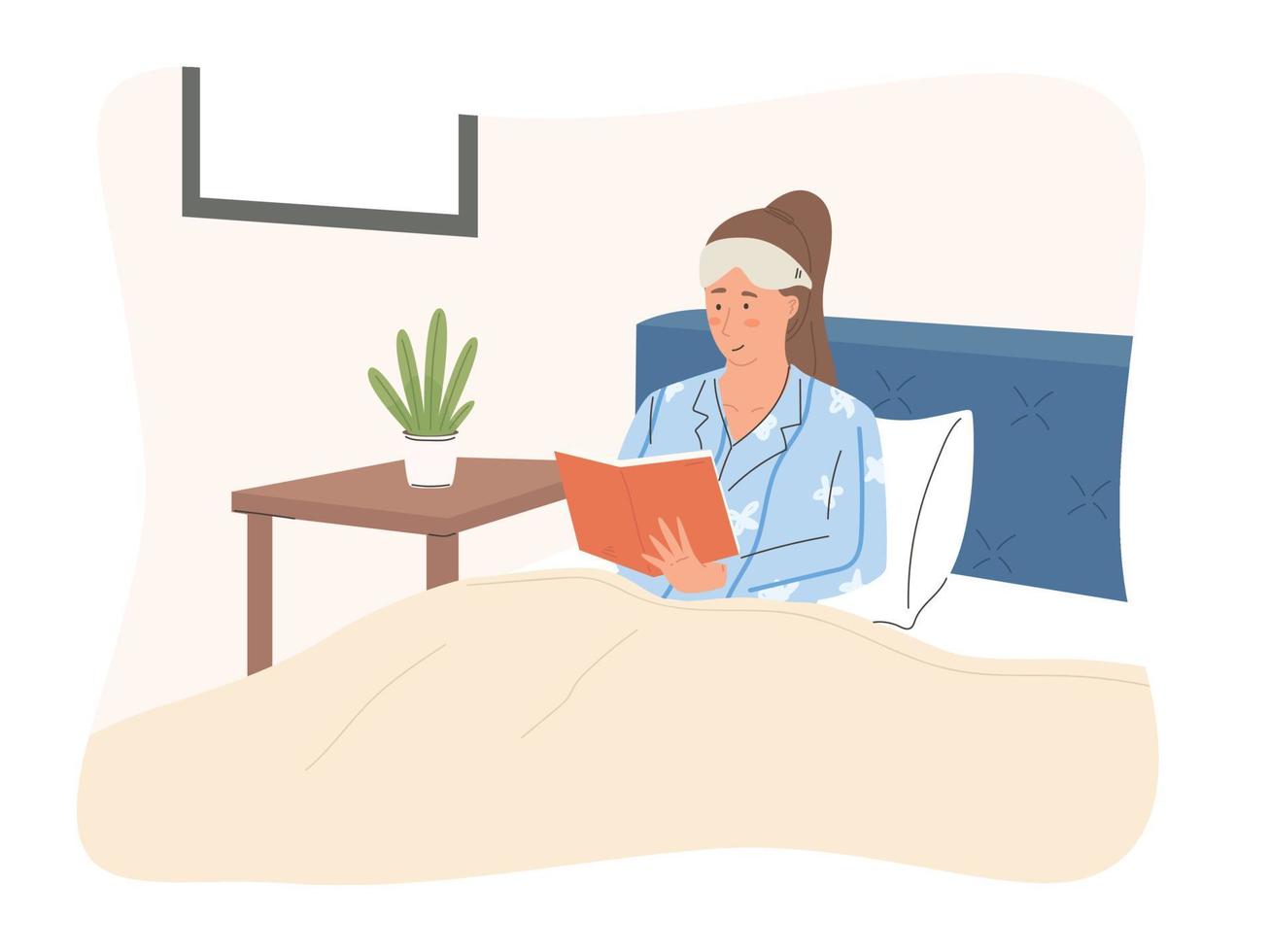 mujer sentada en la cama y leyendo una ilustración de libros vector