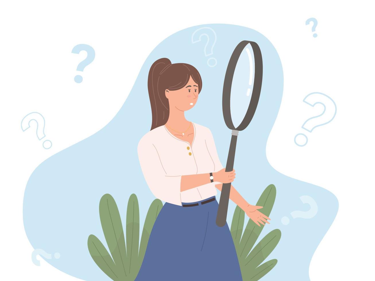 Woman holding giant magnifying glass Concept of investigation search for information vector