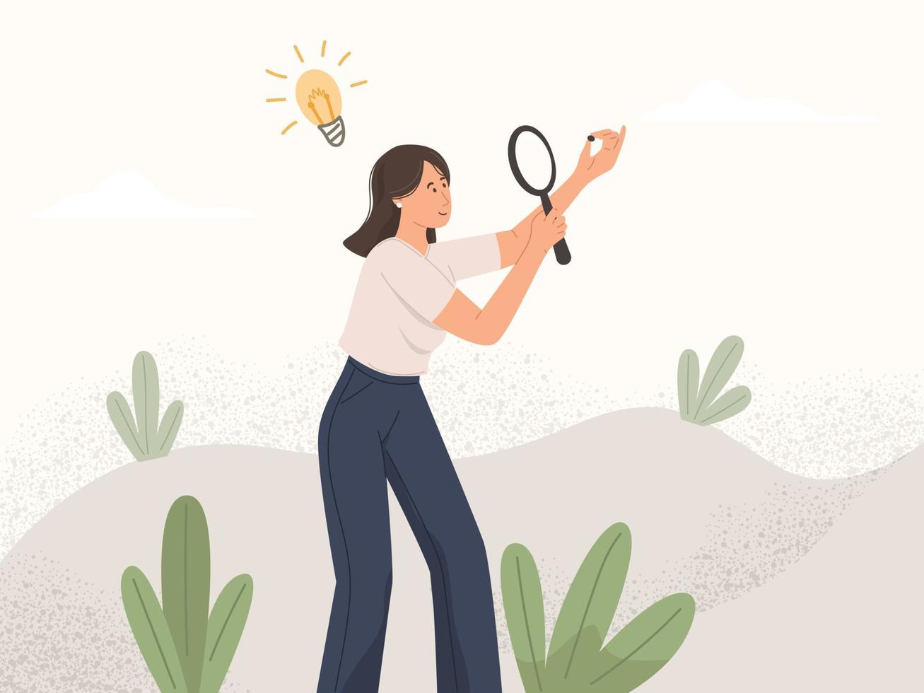 mujer de negocios usando una lupa en busca de nuevas ideas vector