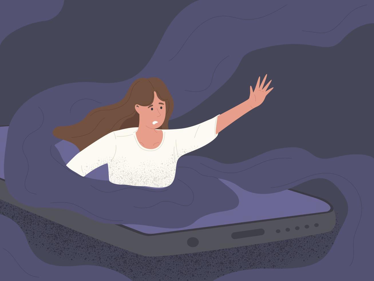 personaje de mujer ahogándose en la ilustración del teléfono de las redes sociales vector