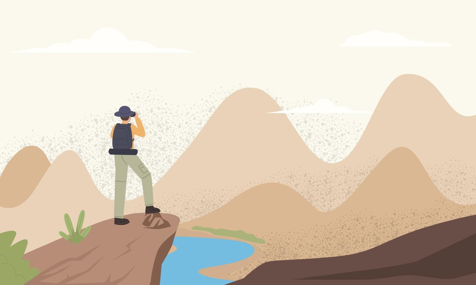 traveller or explorer standing on top of mountain or cliff and looking on valley vector