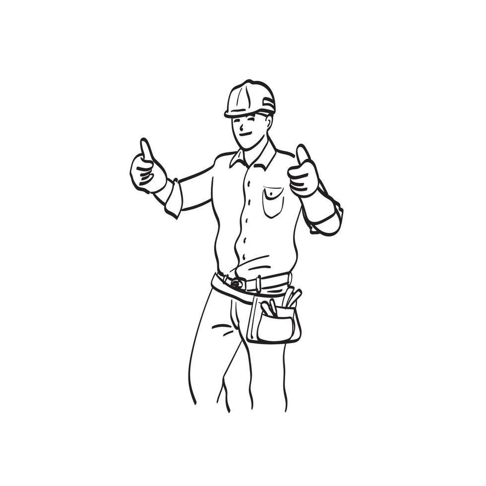 trabajador masculino exitoso con casco mostrando pulgares arriba vector de ilustración de signo de mano aislado sobre fondo blanco arte lineal.