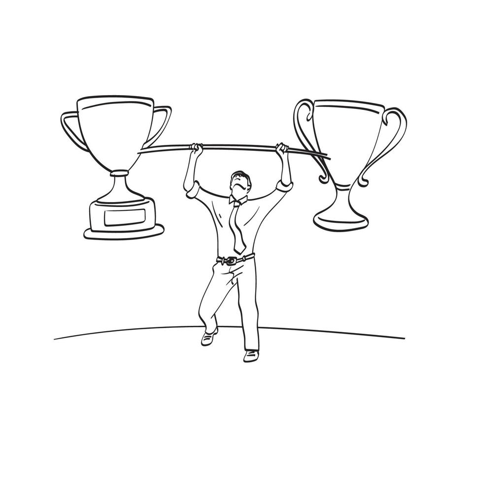 line art businessman lifting a heavy two trophies illustration vector isolated on white background