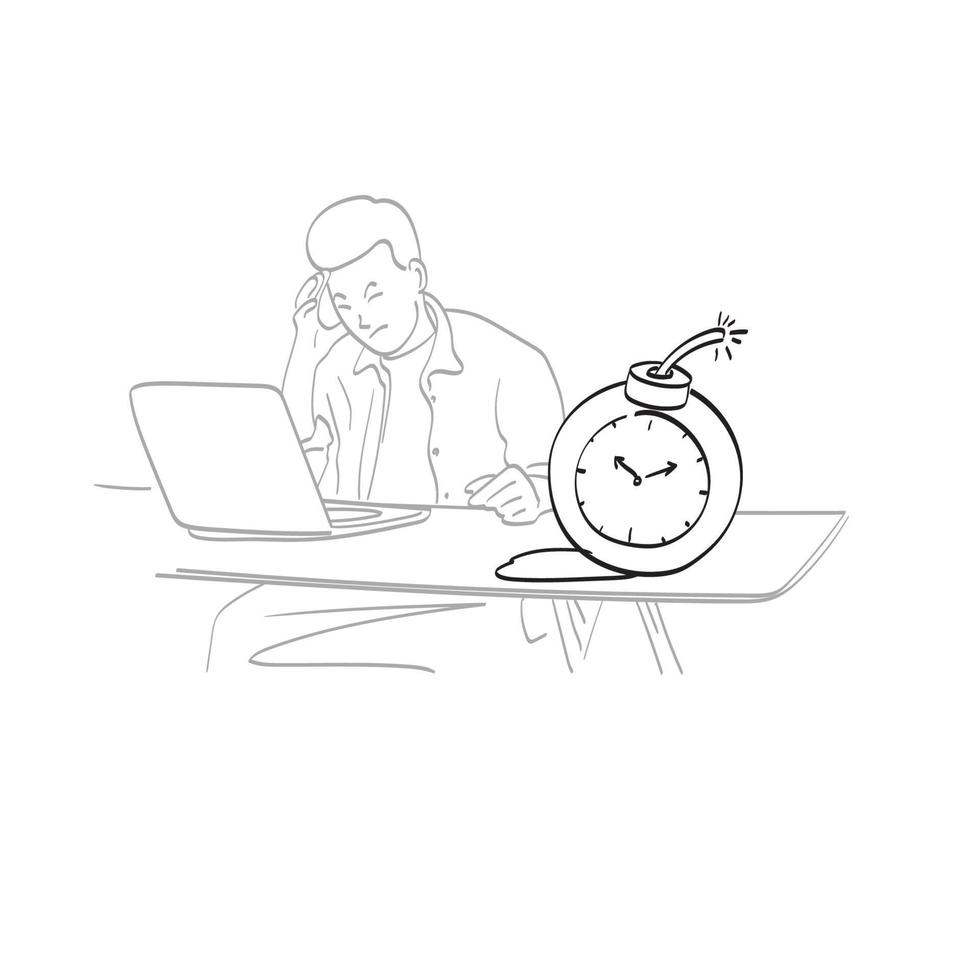 Empresario de arte de línea trabajando en estrés en computadora portátil con bomba de vector de ilustración de fecha límite aislado sobre fondo blanco