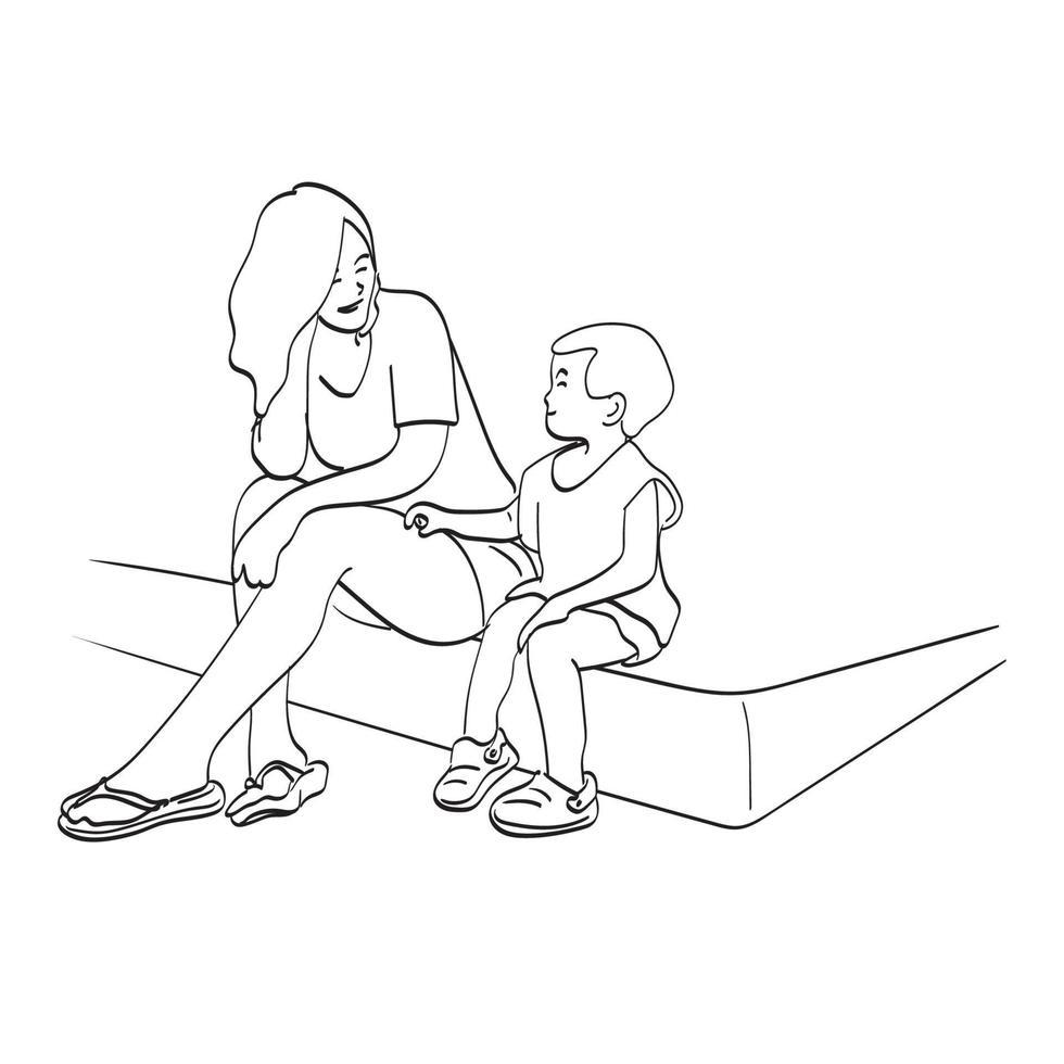 line art smiling mother and son sitting on footpath illustration vector isolated on white background